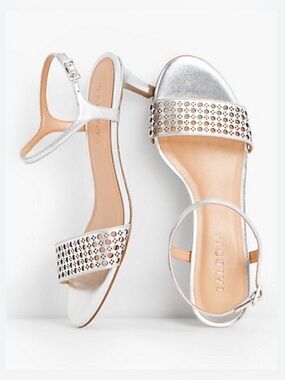 TALBOTS Ankle Strap Silver Metallic Leather Kitten Heel Sandal 9 Retro Elegant
